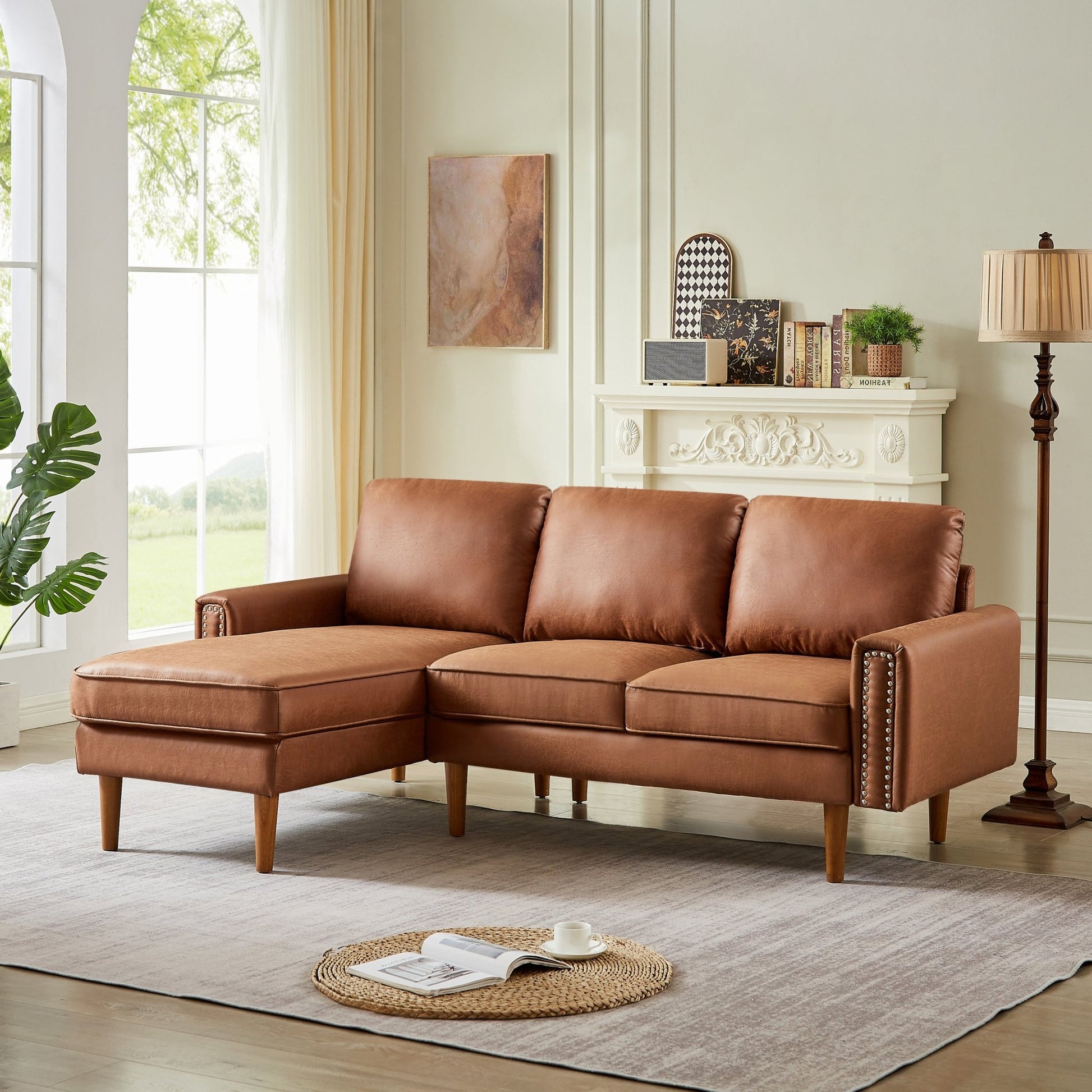 82.2"L-Shape Sofa Couch with Chais Mid-Century Copper Nail on Arms,strong wooden leg and suede fabric design that will complement any living space.Left Chaise, Brown - Groovy Boardz