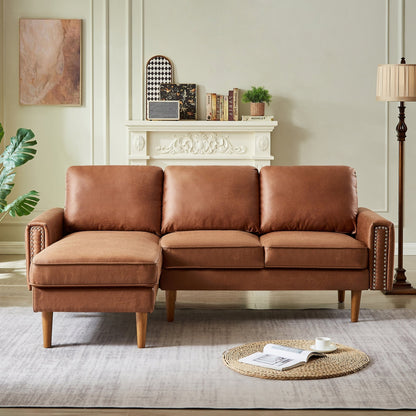 82.2"L-Shape Sofa Couch with Chais Mid-Century Copper Nail on Arms,strong wooden leg and suede fabric design that will complement any living space.Left Chaise, Brown - Groovy Boardz