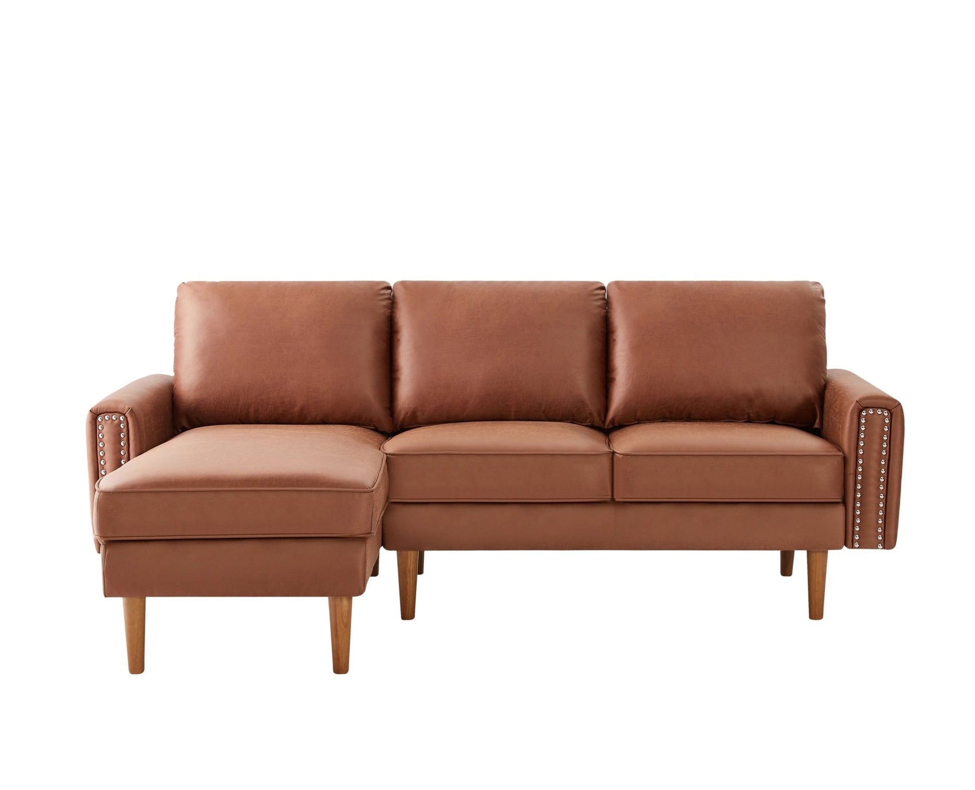 82.2"L-Shape Sofa Couch with Chais Mid-Century Copper Nail on Arms,strong wooden leg and suede fabric design that will complement any living space.Left Chaise, Brown - Groovy Boardz