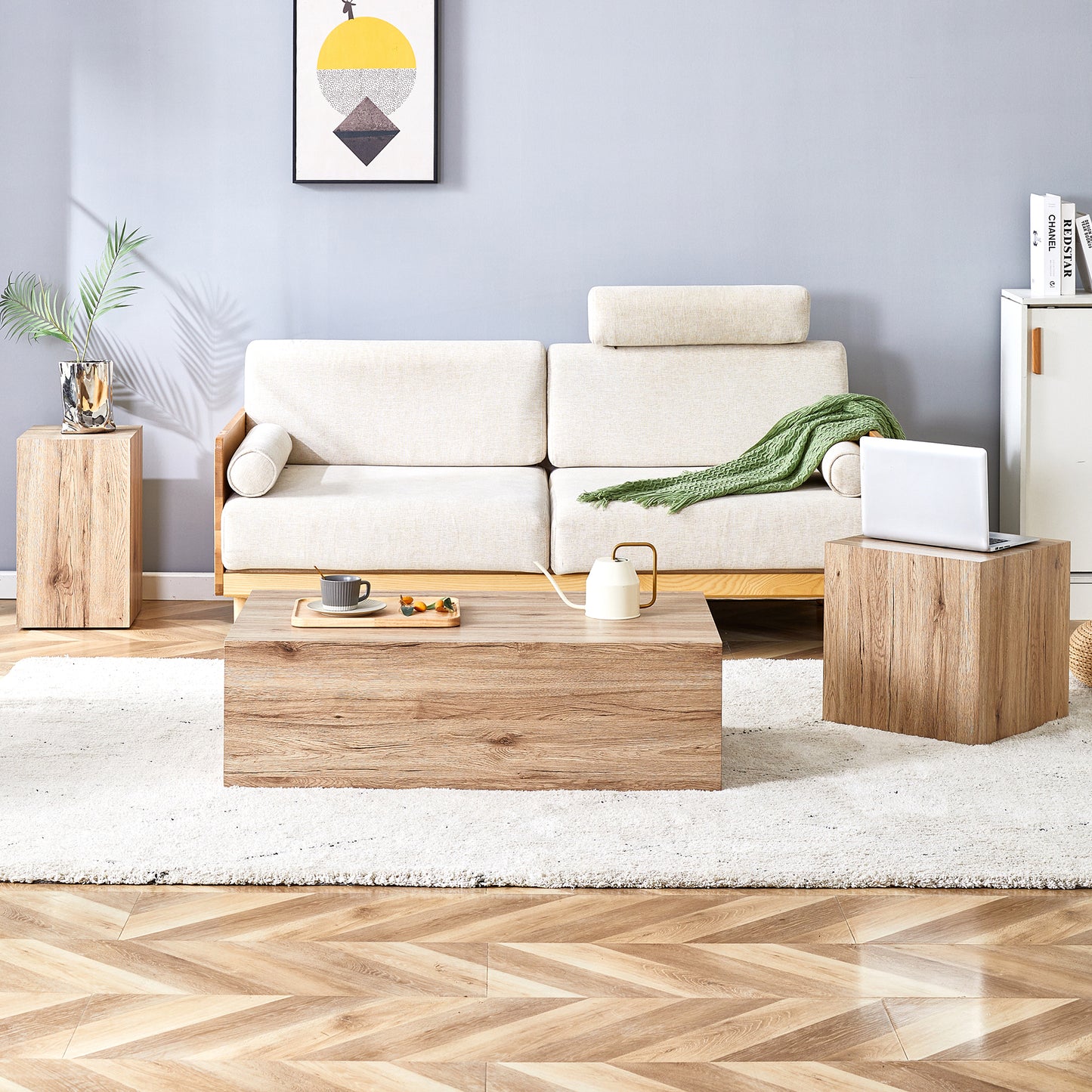 Elevate your living space with this modern MDF coffee table that showcases smooth, light wood color texture patterns. It is characterized by stylish design.