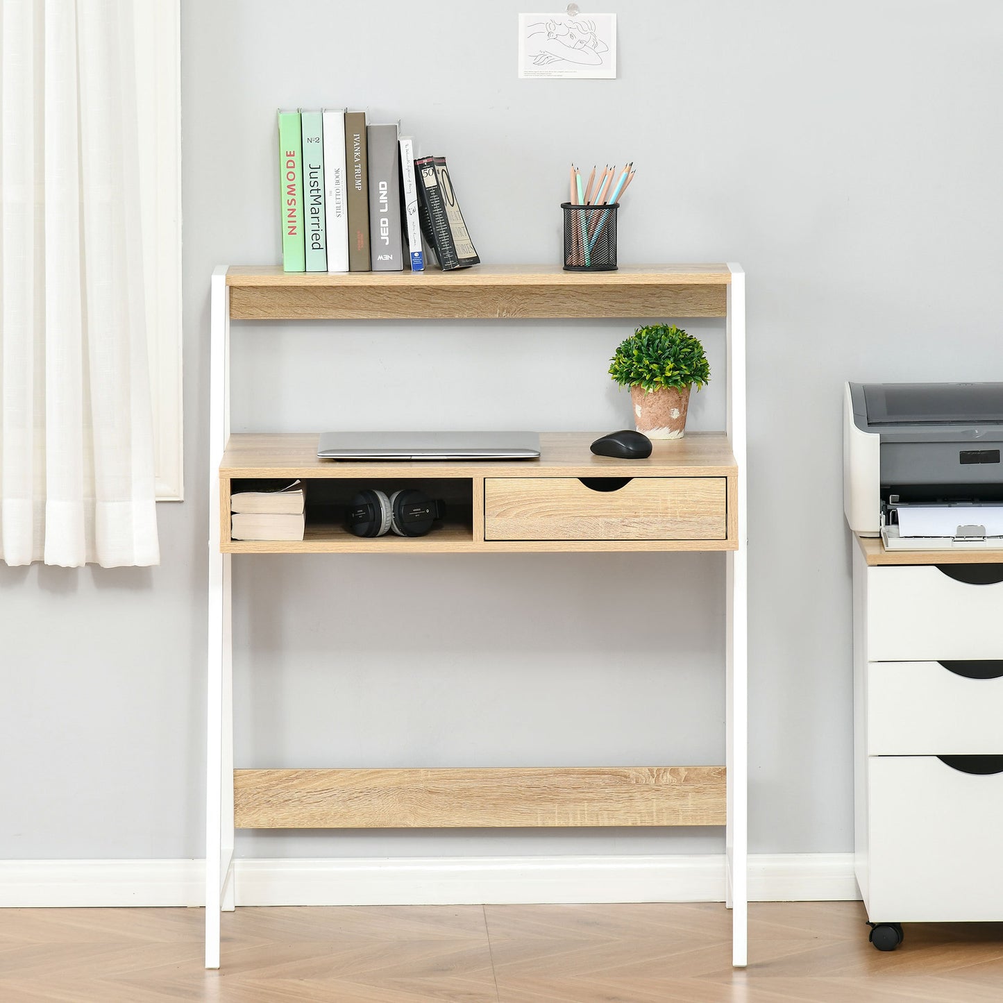 Home Office desk, Computer Desk for Small Spaces, Writing Table with Drawer and Storage Shelves, Natural