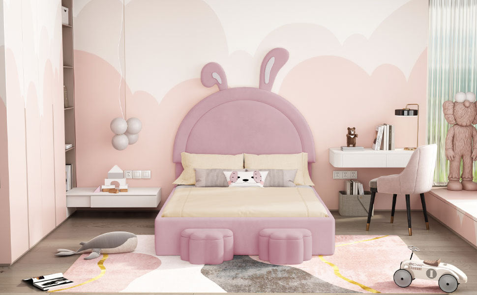 Full size Upholstered Rabbit-Shape Bed with 2 Storage Stools, Velvet Platform Bed with Cartoon Ears Shaped Headboard, Pink