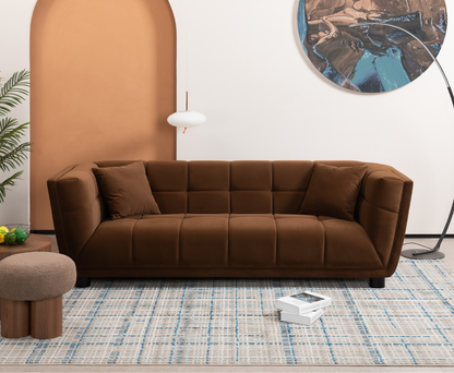 WKS13 Mid-century modern style: camel sofa simple, small square design, velvet fabric texture smooth, retro fashion, solid wood feet, 2 people design