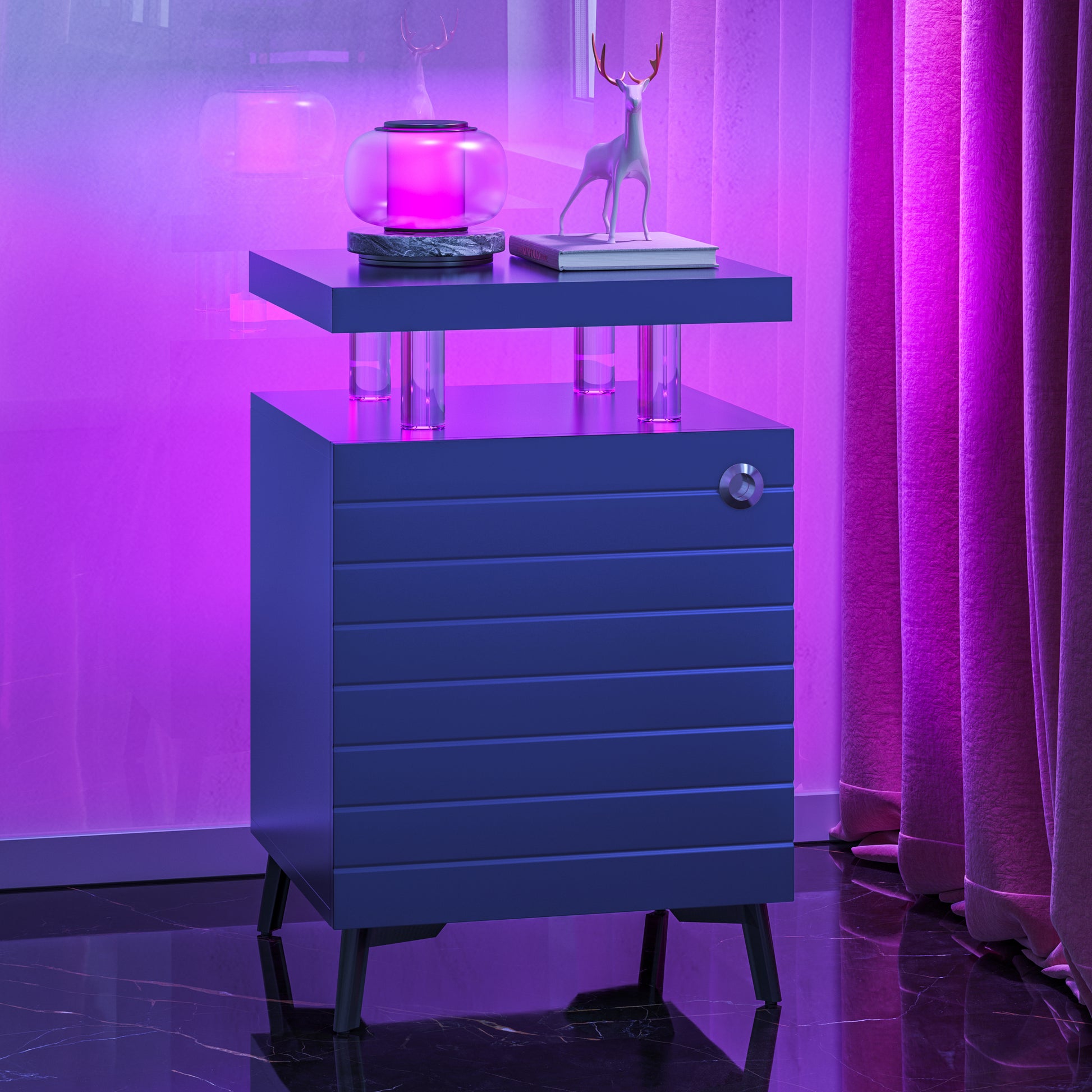 LED Nightstand LED Bedside Table End Tables Living Room with 4 Acrylic Columns, Bedside Table with Drawers for Bedroom Blue