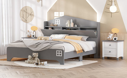 Wooden Full Size House Bed with Storage Headboard ,Kids Bed with Storage Shelf,Grey