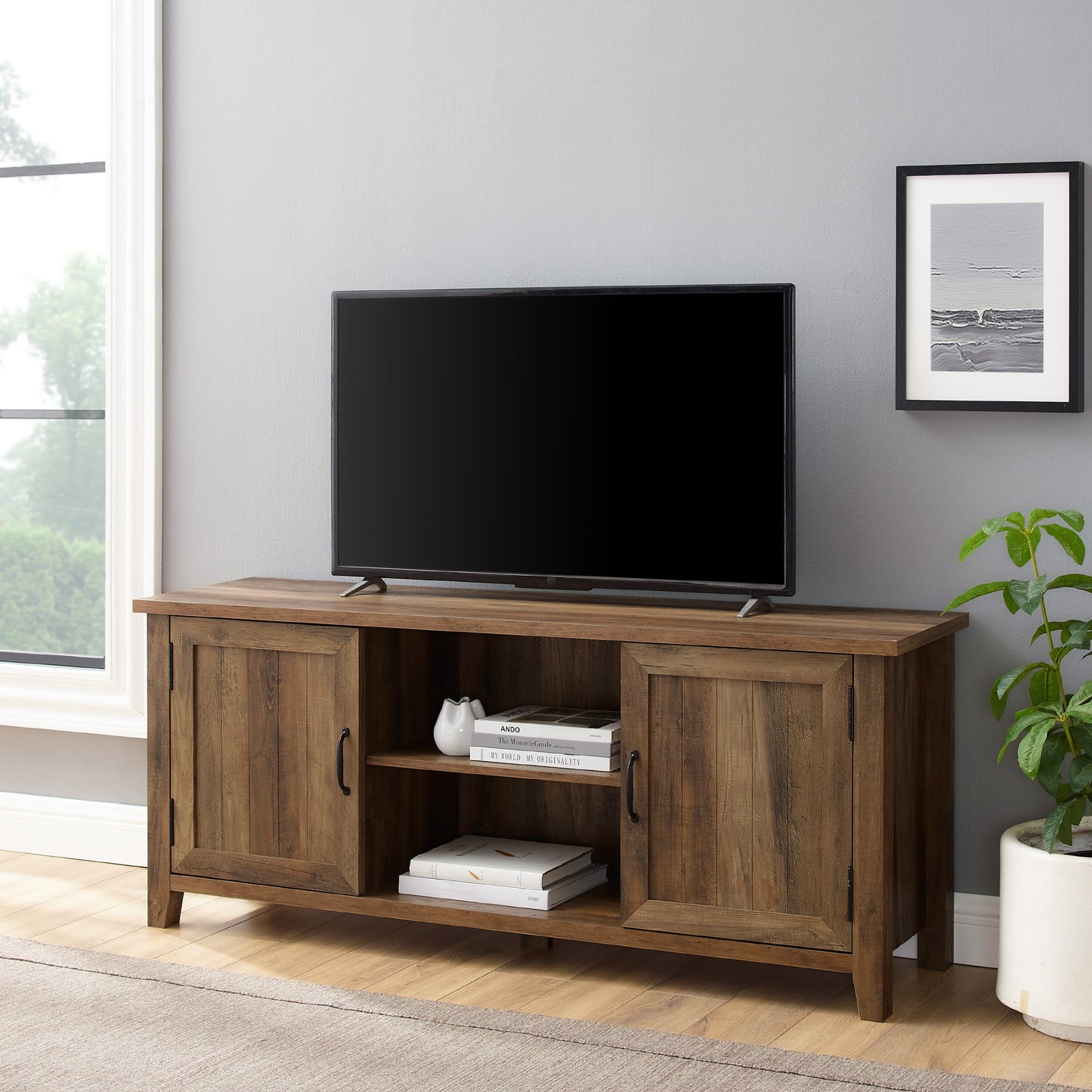 Classic Grooved-Door TV Stand for TVs up to 65" - Rustic Oak