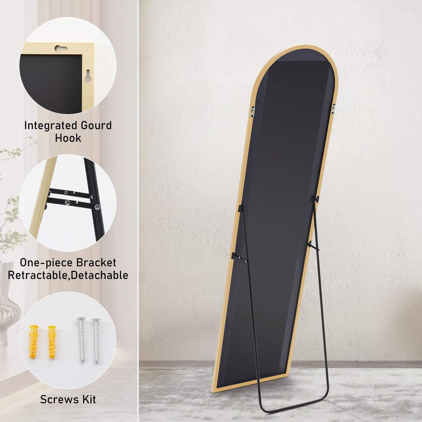 Floor Standing Mirror, Wall Mirror with Stand Aluminum Alloy Thin Frame,16''*59'',Gold-arched