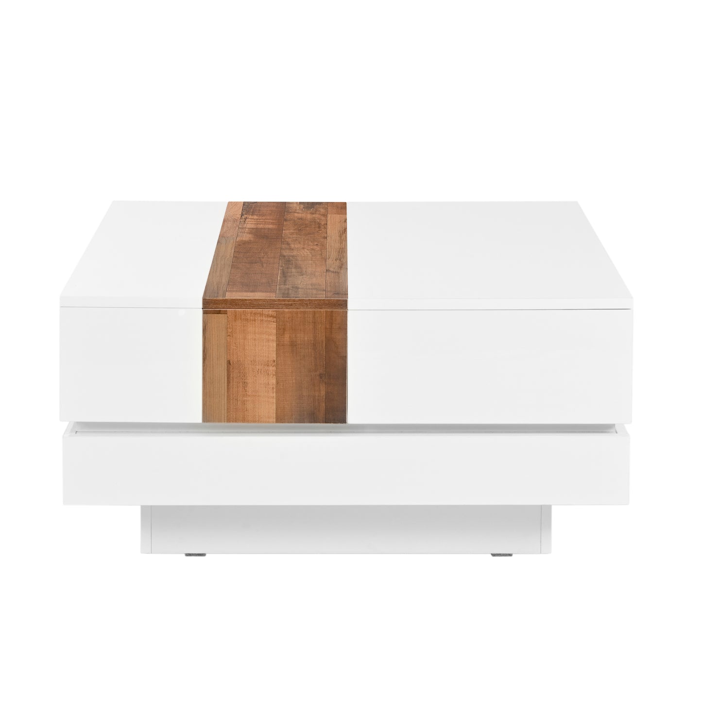 ON-TREND 31.4'' x 31.4'' Square Coffee Table with Sliding Tabletop, High Gloss Center Table with Hidden Storage Compartment, Extendable Cocktail Table with Walnut  Grain Finish for Living Room, White