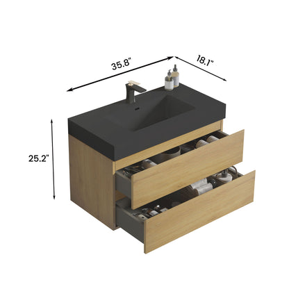 U092-Alice36W-106 Alice 36" Natural oak Bathroom Vanity with Sink, Large Storage Wall Mounted Floating Bathroom Vanity for Modern Bathroom, One-Piece Black Sink Basin without Drain and Faucet