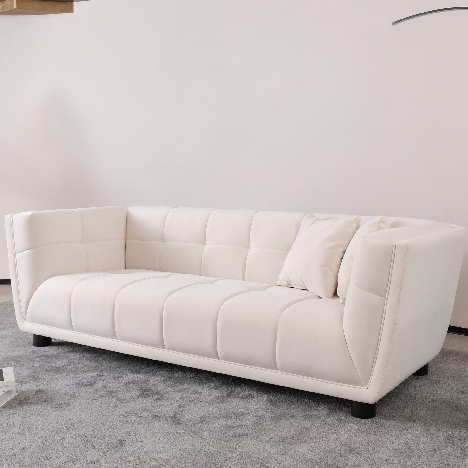 WKS13 Mid-century modern style: simple white sofa, small square design, velvet fabric texture smooth, retro fashion, solid wood feet, 2 people design