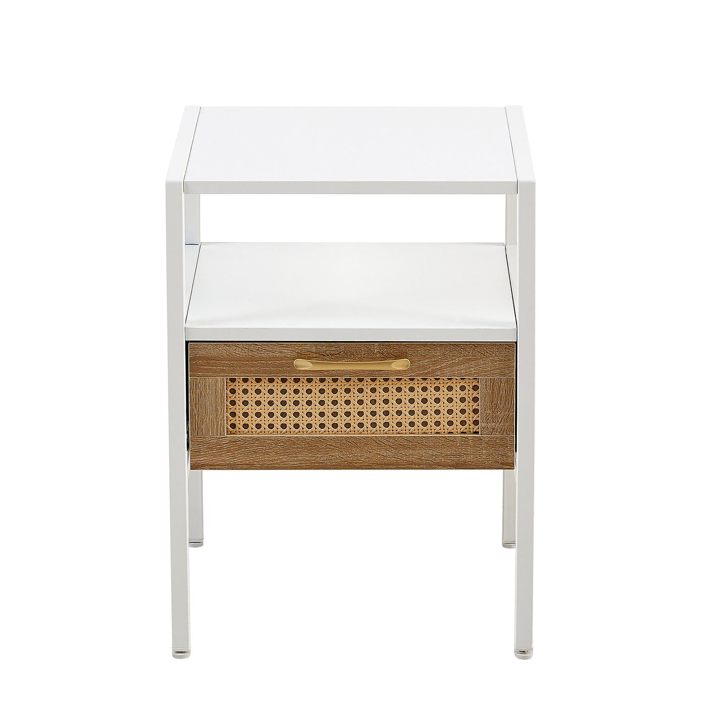 15.75" Rattan End table with  drawer, Modern nightstand, metal legs,side table for living room, bedroom,white(1 pc)