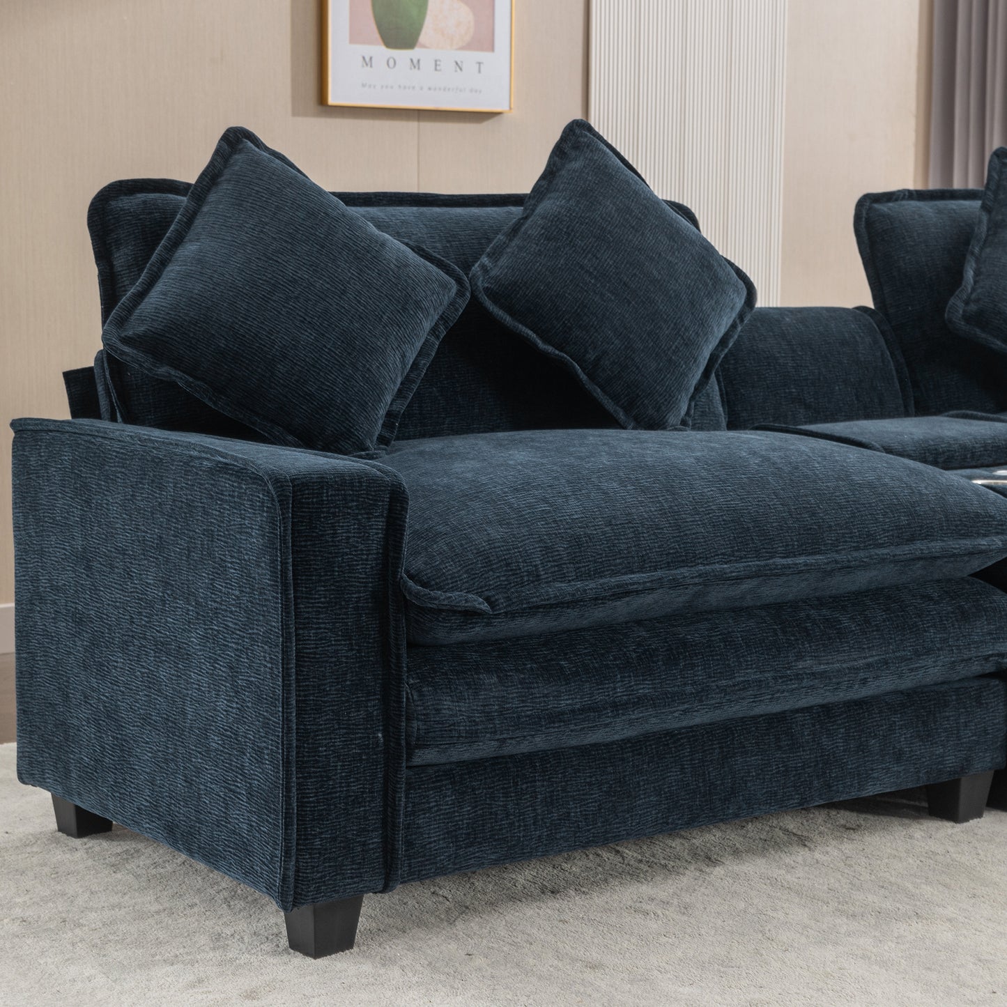 112.6" Sectional Sofa Chenille Upholstered Sofa with Two Removable Ottoman, Two USB Ports, Two Cup Holders and Large Storage Box for Living Room, Blue