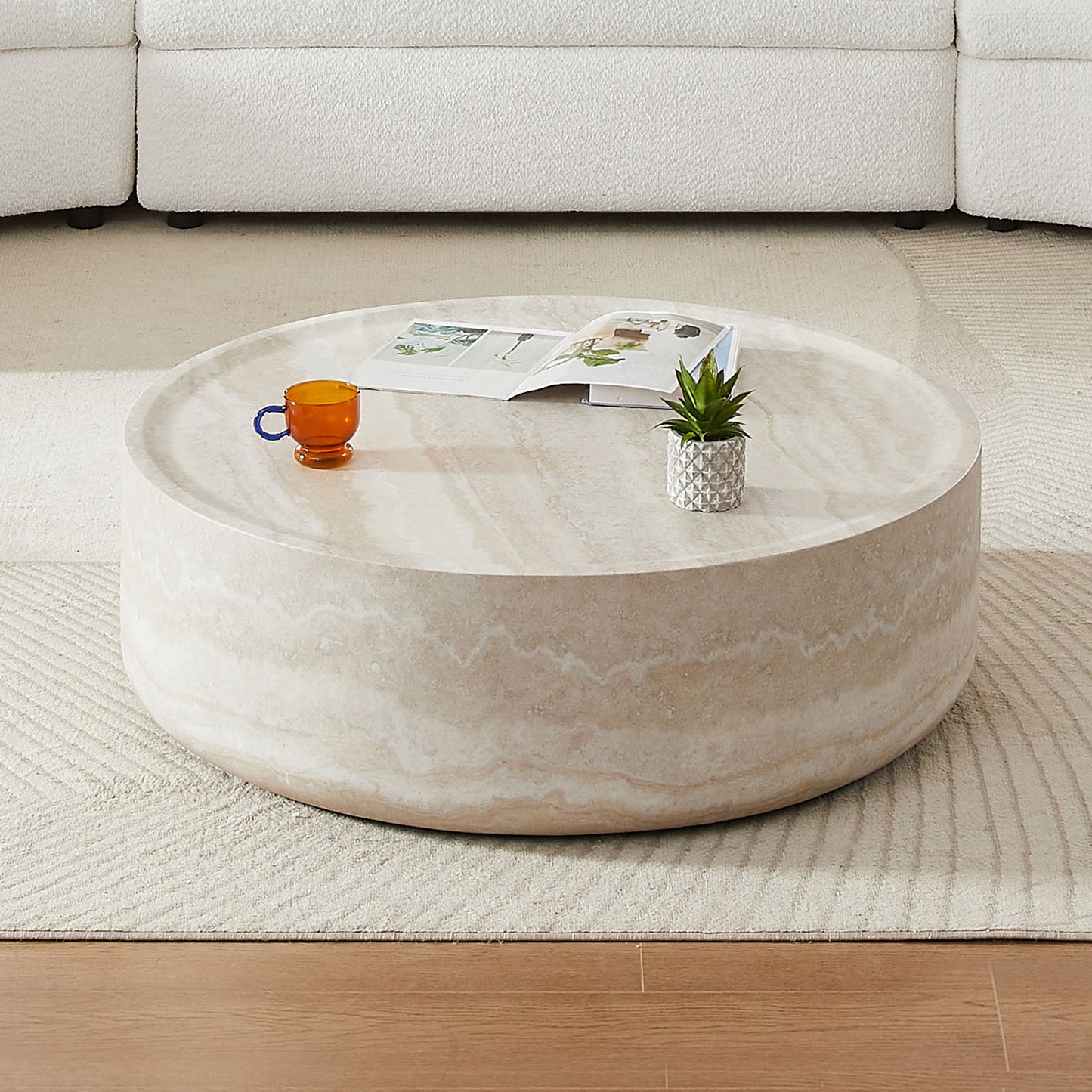 35.43'' Faux MARS Pattern Coffee Tables for Living Room Round Tea Faux Travertine Textured  table for Living Room, No Need Assembly.