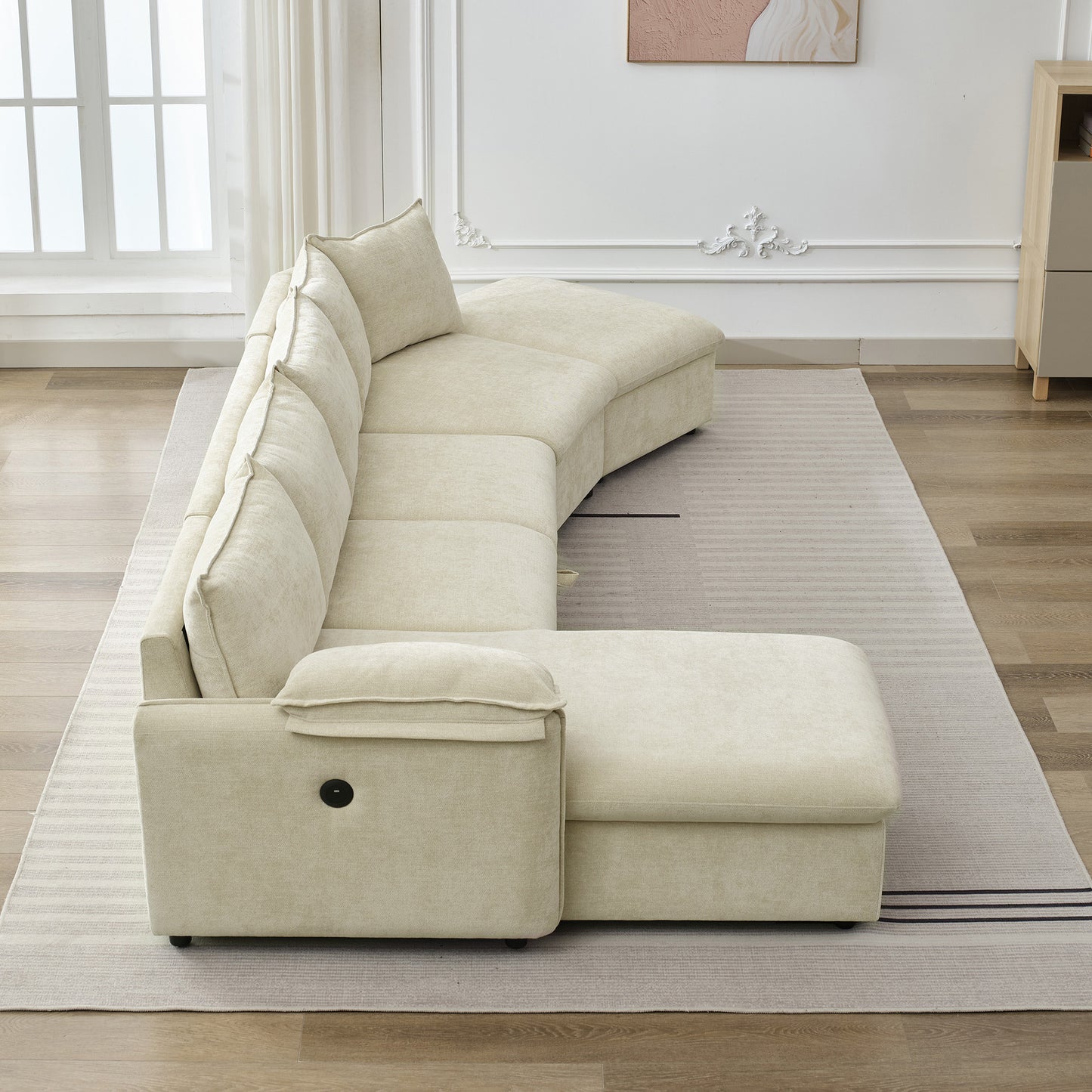 146.9" L-shaped Sofa Sectional Sofa Couch Pull-out Sofa Bed with a Movable Storage Ottoman, a Storage Chaise Lounge and Two USB Ports for Living Room, Beige