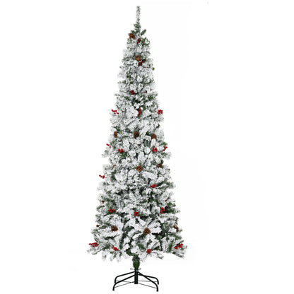 HOMCOM 7.5' Pencil Snow Flocked Artificial Christmas Tree with 600 Pine Realistic Branches, Pine Cones, Red Berries, Auto Open, Green