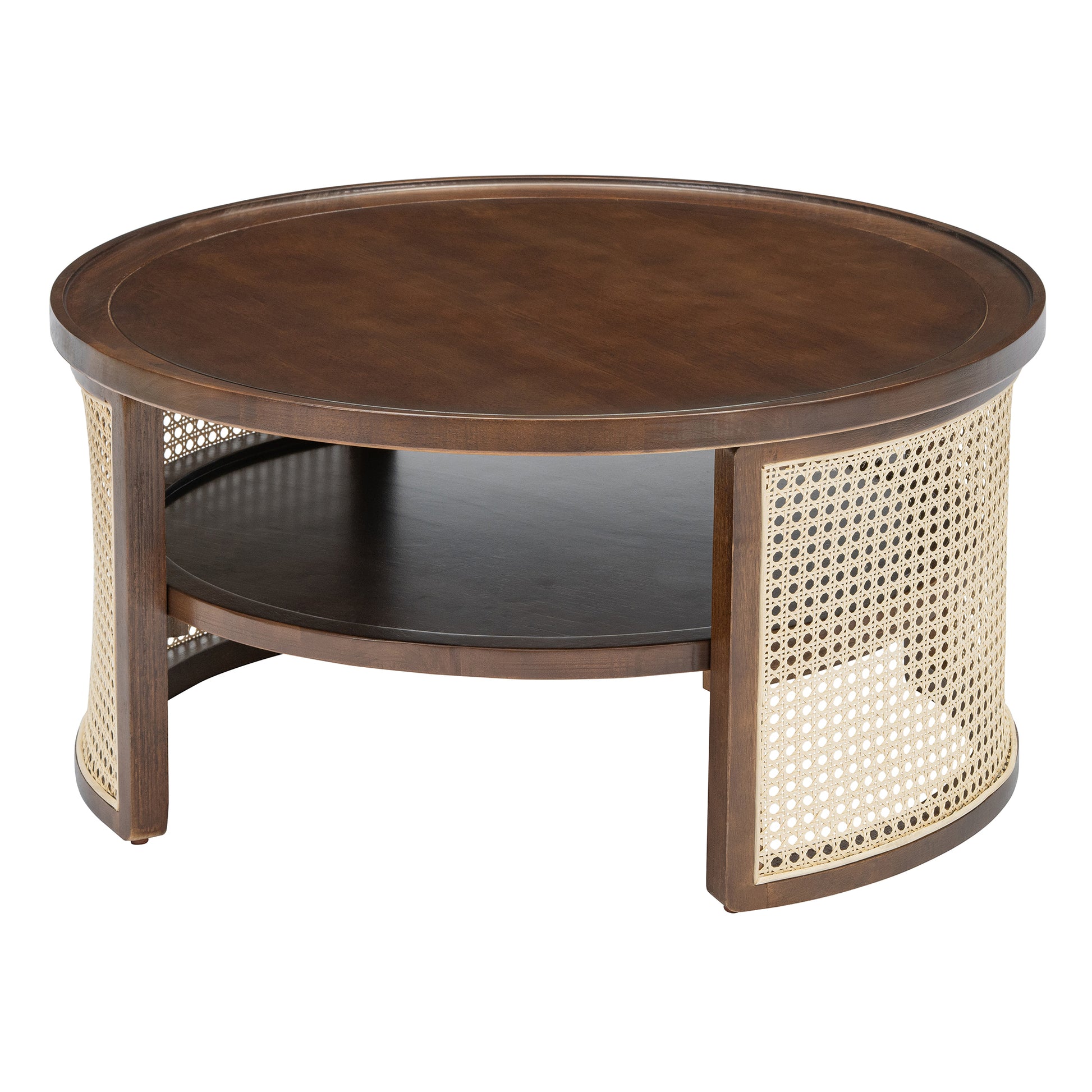 2-Tiered Round Walnut Wood Coffee Table with Storage Rattan Base in 31.3''