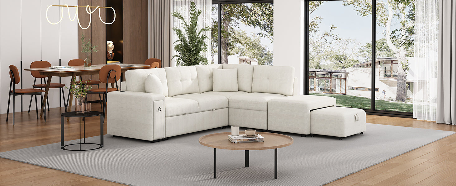 86.6" Sectional Sofa L-shaped Sofa Couch Pull-out Sofa Bed with a Movable Ottoman, Two USB Ports  and Two Cup Holders for Living Room, Beige