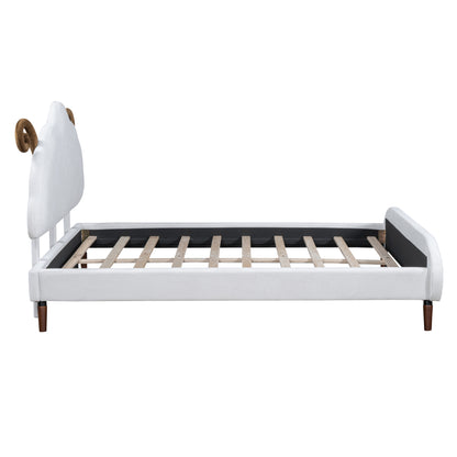 Full Size Upholstered Platform Bed with Sheep-Shaped Headboard, White