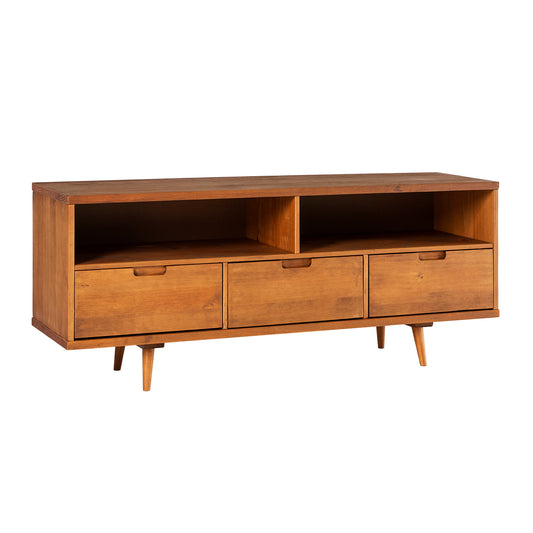 Mid-Century Modern Solid Wood 3-Drawer 58" TV Stand for 65" TVs with 2 Open Cubbies - Caramel