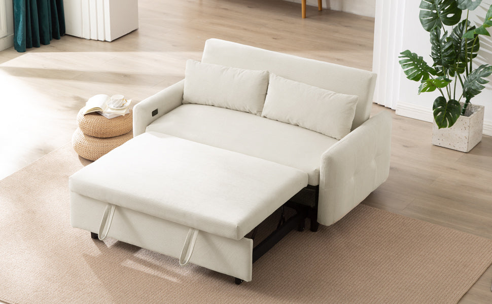 57.48" Pull-out Sofa Bed Convertible Couch 2 Seat Loveseat Sofa Modern Sleeper Sofa with Two Throw Pillows and USB Ports for Living Room, Beige(Old Sku:WF317760AAA)