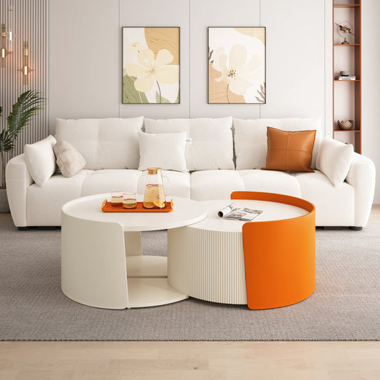 Nesting Coffee Table, Round Nesting Tables and End Tables for Small Space, Modern Side Tables with Extendable Sliding Tabletop for Living Room, Office,White, No Need Assembly