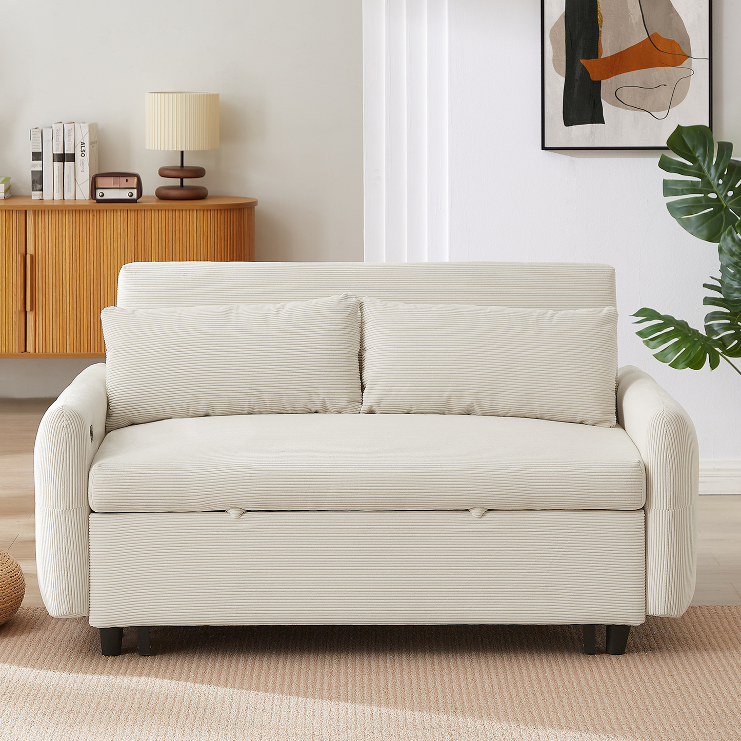 57.48" Pull-out Sofa Bed Convertible Couch 2 Seat Loveseat Sofa Modern Sleeper Sofa with Two Throw Pillows and USB Ports for Living Room, Beige(Old Sku:WF317760AAA)