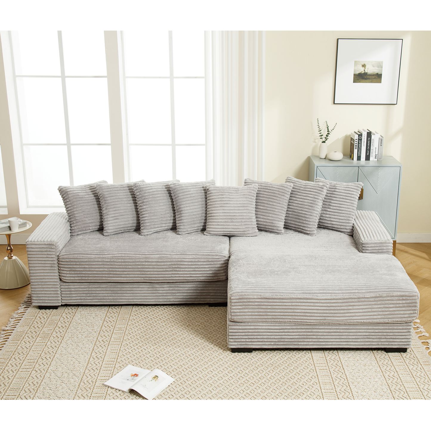 [NEW ARRIVED] [VIDEO PROVIDED] Oversized Two-Piece Couches, L Shaped Sofa, Corduroy, Right Chaise Daybed,with Armrests,Eight Throw Pillows,Corner Sofa,Easy To Assemble, Gray