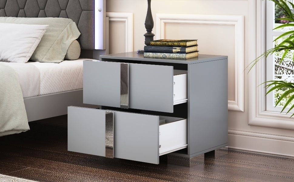 Elegant Nightstand with Metal Handle,Mirrored Bedside Table with 2 Drawers for Bedroom,Living Room,Grey