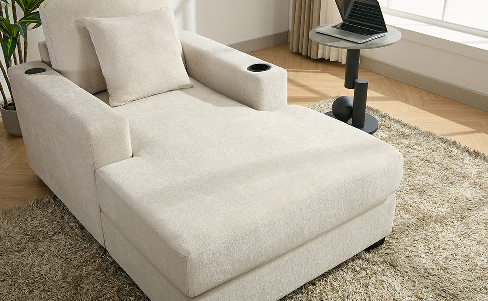 39.7" Oversized Chaise Lounger Modern Style Sofa Couch ,with Pillows, Charge Station & Cup Holders, Chenille Fabric, Cream