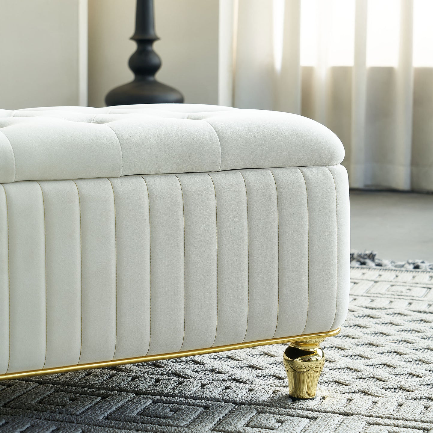 47.24''W Storage Ottoman,Upholstered Velvet Fabric Storage Ottoman with Safety Hinge, gold decoration strip and gold embroidery Footstool, Ottoman Bench for Living Room & Bedroom,Beige Color