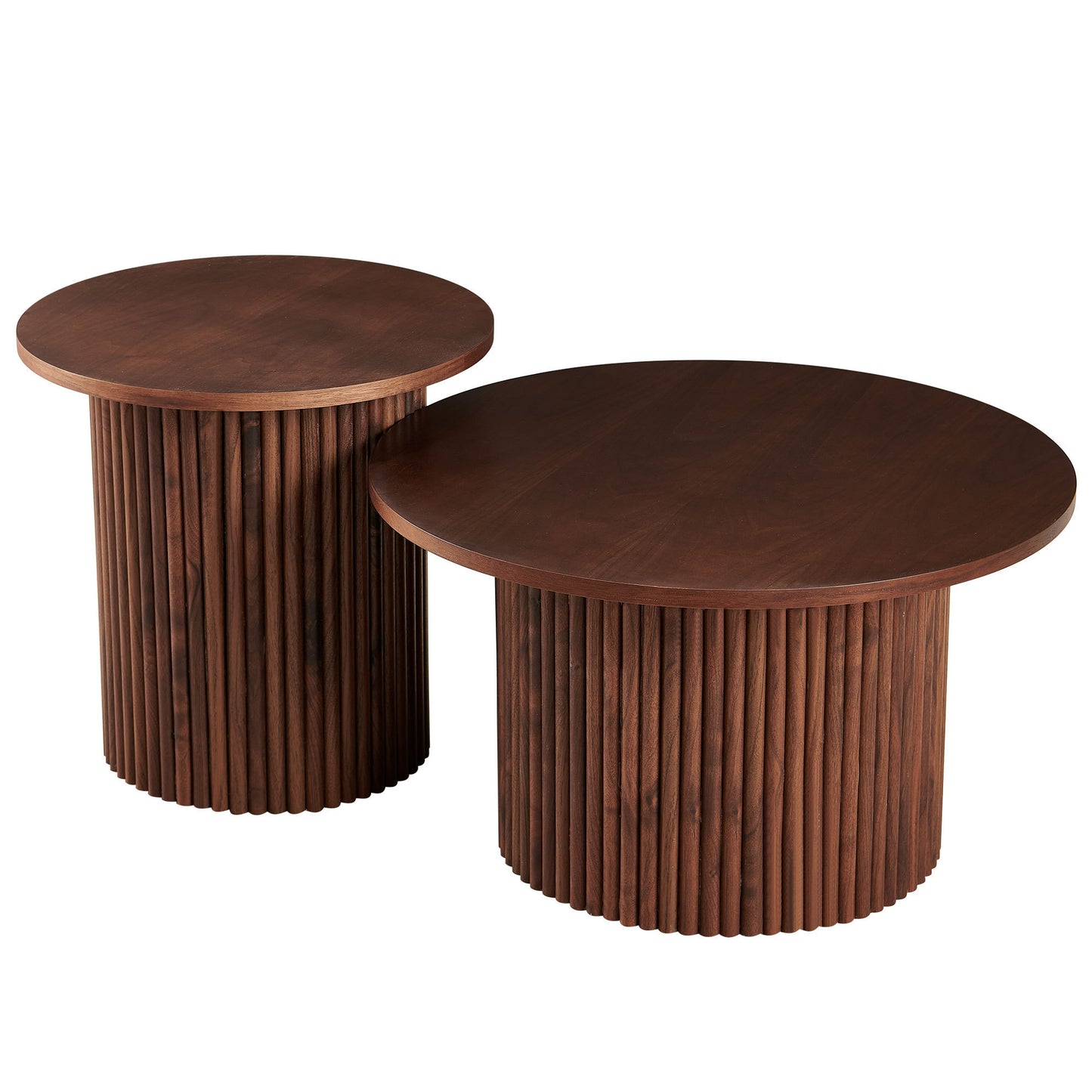 Walnut Wood Veneer Tabletop, Set of 2 Round Coffee Tables, Farmhouse Circle Coffee Table MDF Table-top with Metal Base, Sofa Side Table for Living Room, Reception Room