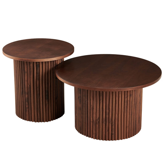 Walnut Wood Veneer Tabletop, Set of 2 Round Coffee Tables, Farmhouse Circle Coffee Table MDF Table-top with Metal Base, Sofa Side Table for Living Room, Reception Room