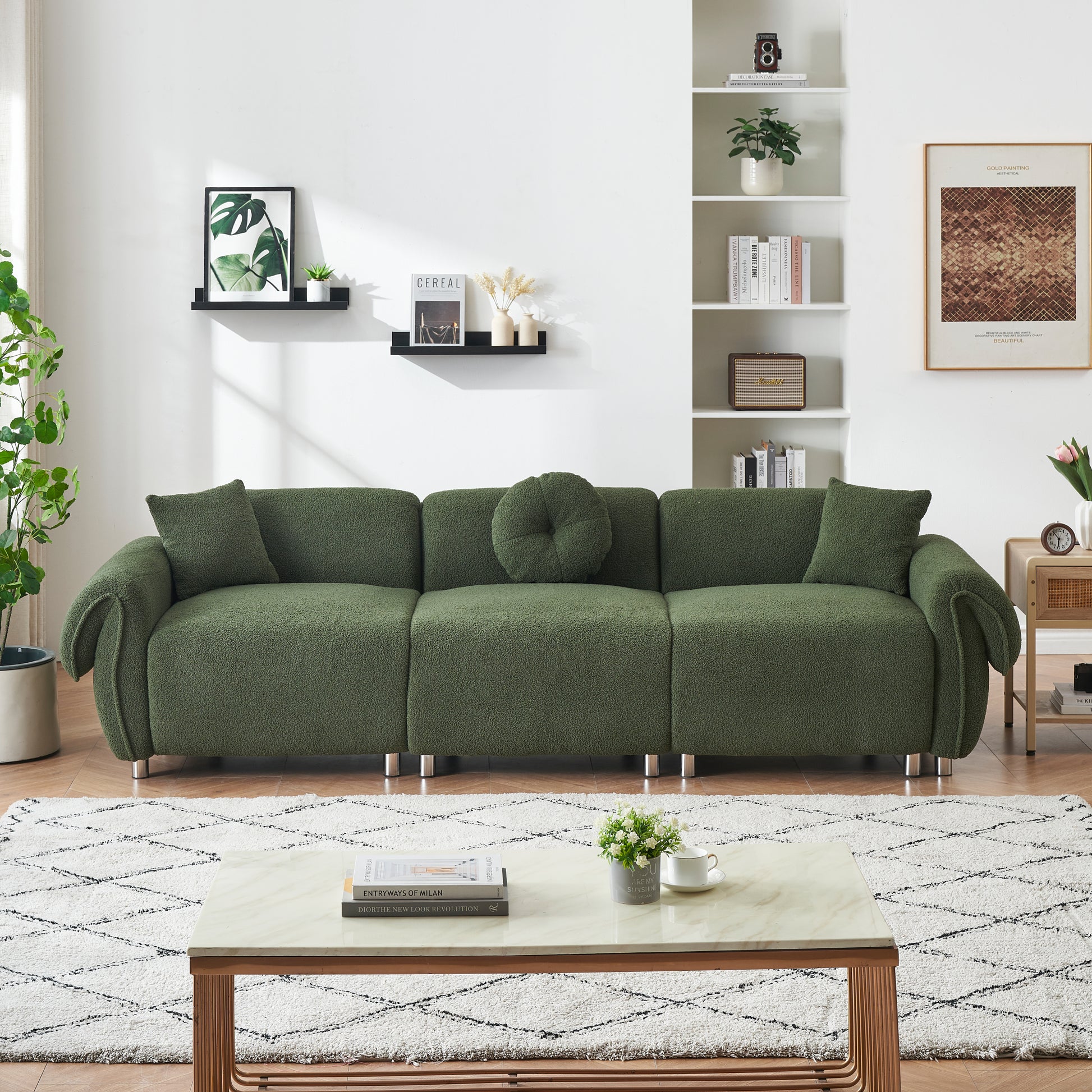 24005 green teddy velvet fabric, with 3 pillows, three-person sofa can be placed in the living room and other scenes