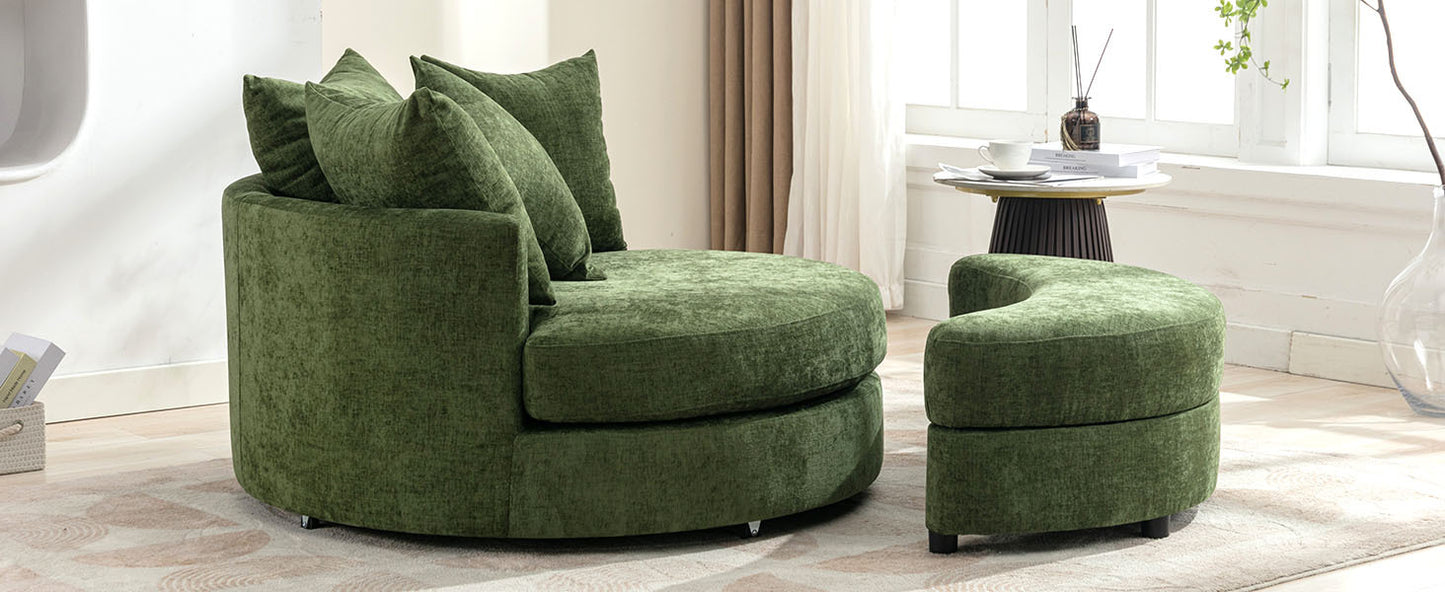 Orisfur. 360° Swivel Accent Barrel Chair with Storage Ottoman & 4 Pillows, Modern Chenille Leisure Chair Round Accent for Living Room, Green