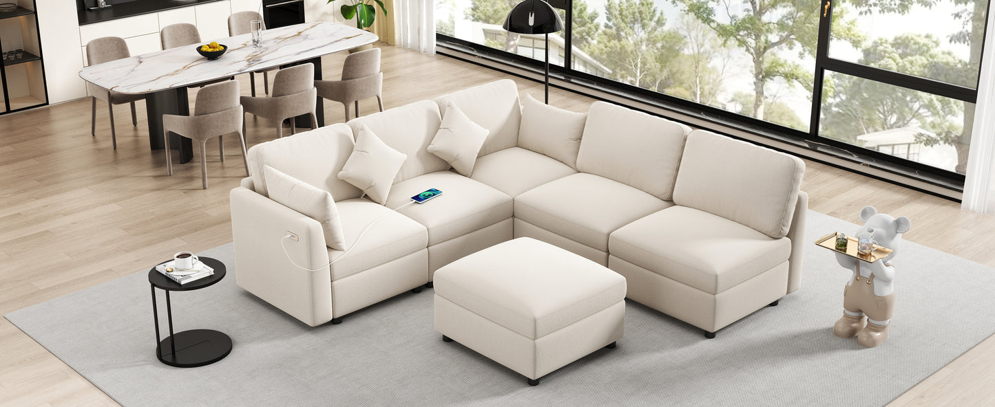 85.4" Sectional Sofa Modular Sofa U-shaped Sofa Couch Sofa Bed L-shaped Sofa with a Movable Ottoman and Two USB Ports for Living Room, Beige