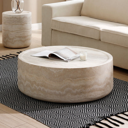 39.37''  Faux MARS Pattern Coffee Tables for Living Room Round Tea  Faux Travertine Textured table for Living Room, No Need Assembly.