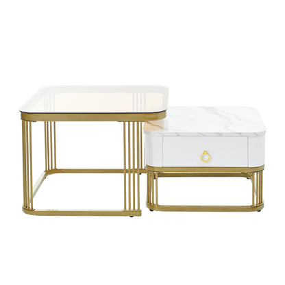 ON-TREND Nesting Coffee Table with Drawer, Set of 2, Exquisite Square Stacking Coffee Tables with Brown Tempered Glass, Side Table with High Gloss Marble Grain Tabletop for Living Room, White