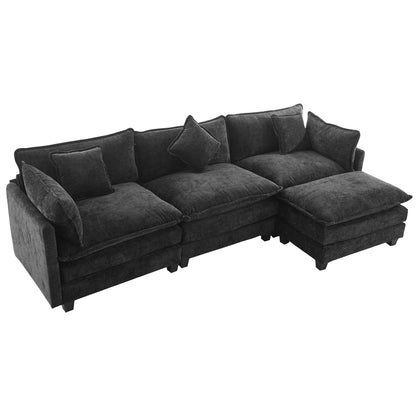 112.2" L-Shape Chenille Upholstered Sofa for Living Room Modern Luxury Sofa Couch with Ottoman and 5 Pillows for Living Room (SG001160AA), Black