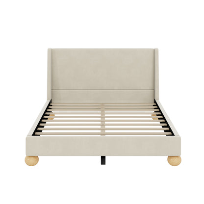 Modern Velvet Upholstered Platform Bed with Wingback Headboard and Round Wooden Legs, Cream,Queen Size(old sku:BS531851AAC)