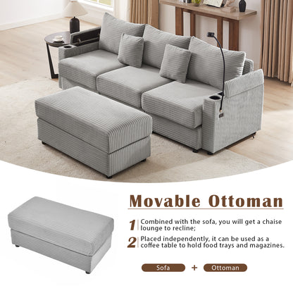 95.3" Modern Style 3-Seater Sofa Sectional Sofa Couch with Storage Space, A Movable Ottoman, Two USB Ports, Two Cup Holders, A Phone Holder for Living Room, Grey