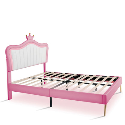 Full Size Upholstered Bed Frame with LED Lights,Modern Upholstered Princess Bed With Crown Headboard,White+Pink