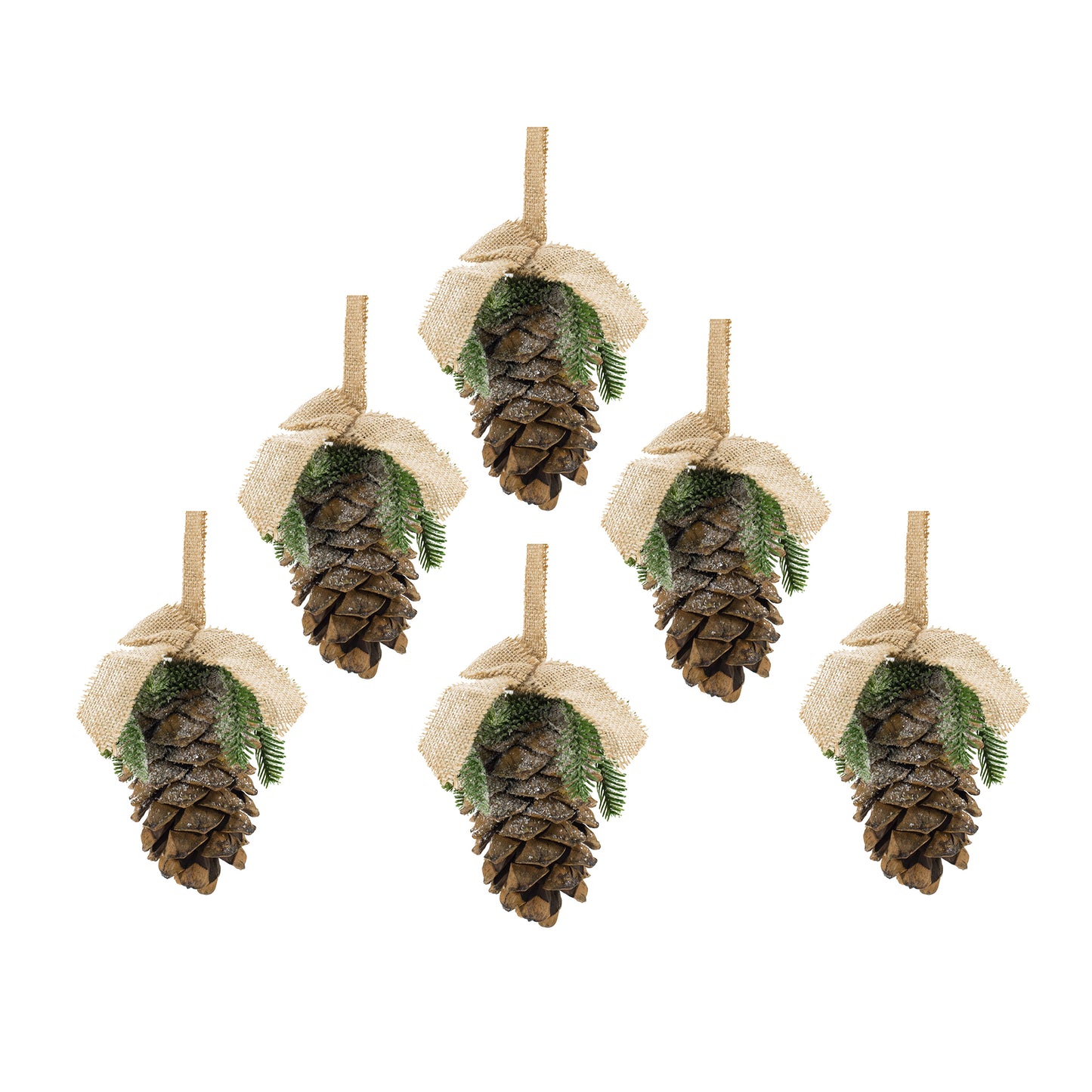 5x4.5x7" Pinecone With Burlap Hanger, Christmas Tree Ornaments for Holiday Party Decorations, Set of 6