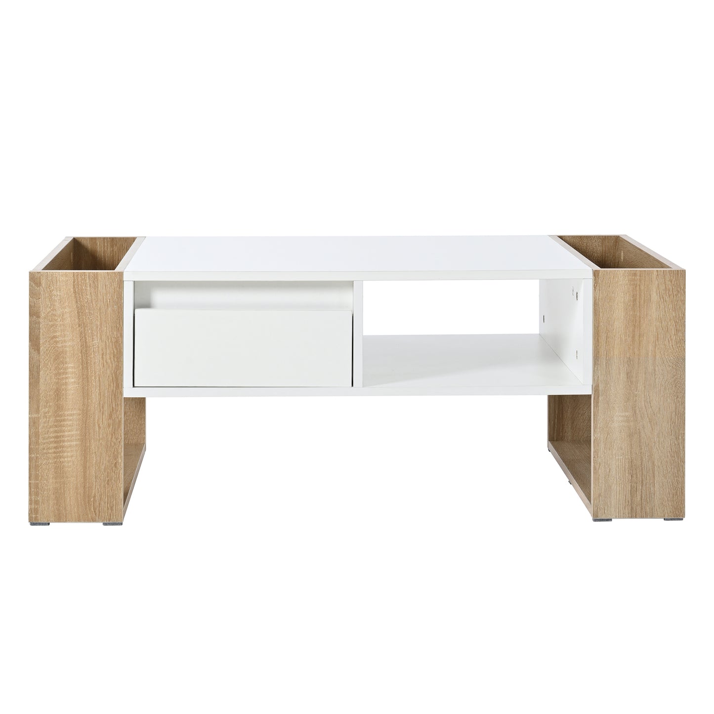 ON-TREND High Glossy Coffee Table with 2 Drawers, Practical Two Tone Center Table with Hidden Compartments, Rectangle Cocktail Table with Open Storage Shelf for Living Room, Bedroom, White, 41.3*23.6"