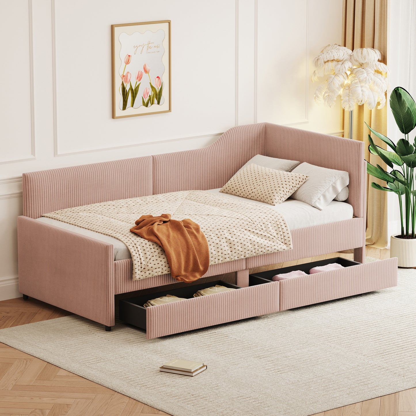 Twin Size L-Shaped Corduroy Daybed,Upholstered Bed Frame with 2 Storage Drawers,Pink