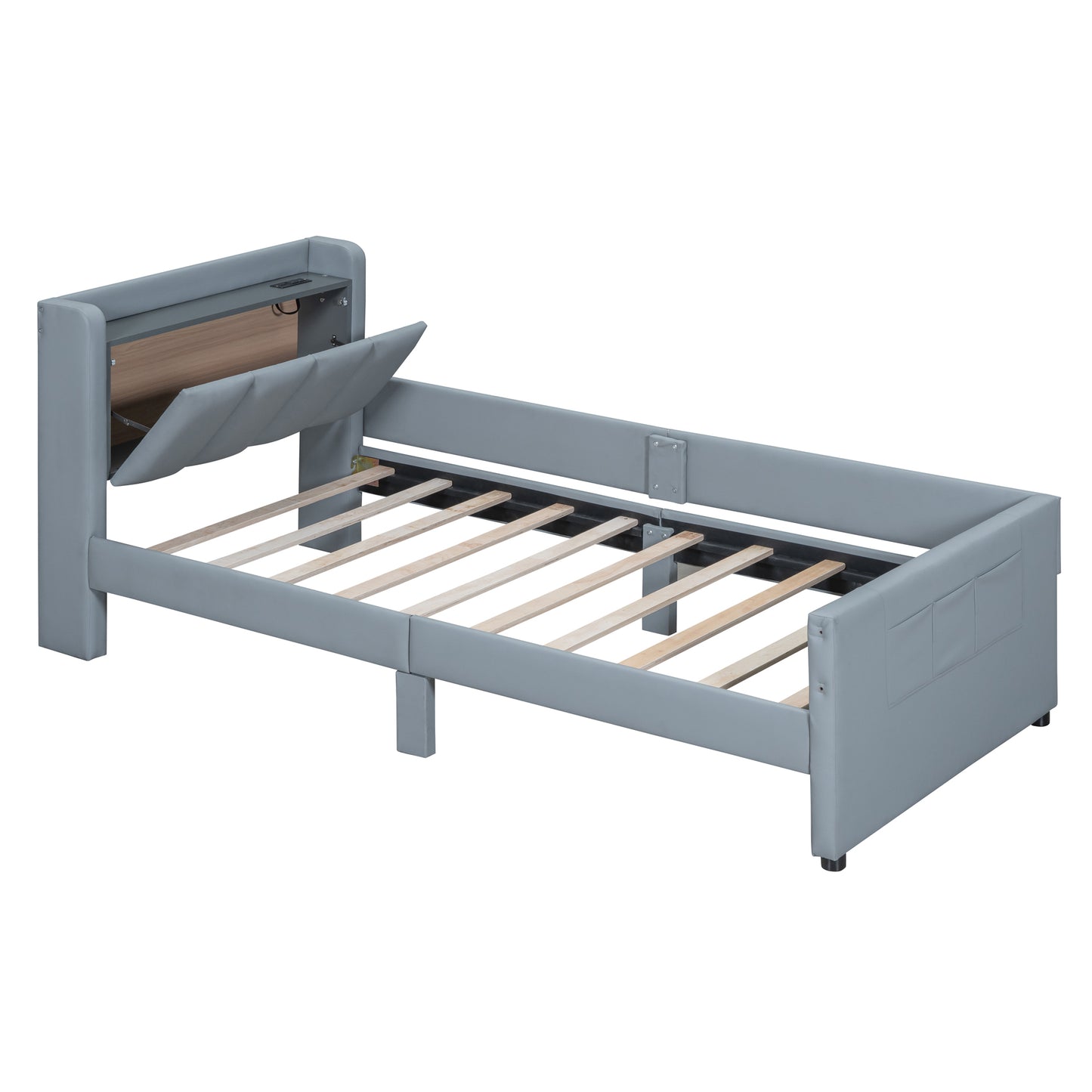 Queen Size & Twin XL Size Upholstered Platform Bed, Mother & Child Bed with Hydraulic Storage System, Drawer Box, Bedhead storage shelf and Two pairs of sockets & USB Ports, PU Leather, Gray