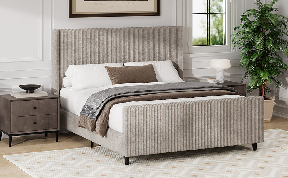 50.7'' High Headboard Corduroy Upholstered Bed Frame with Vertical Stripe Wingback and High Footboard No Box Spring Needed, king Size, Taupe