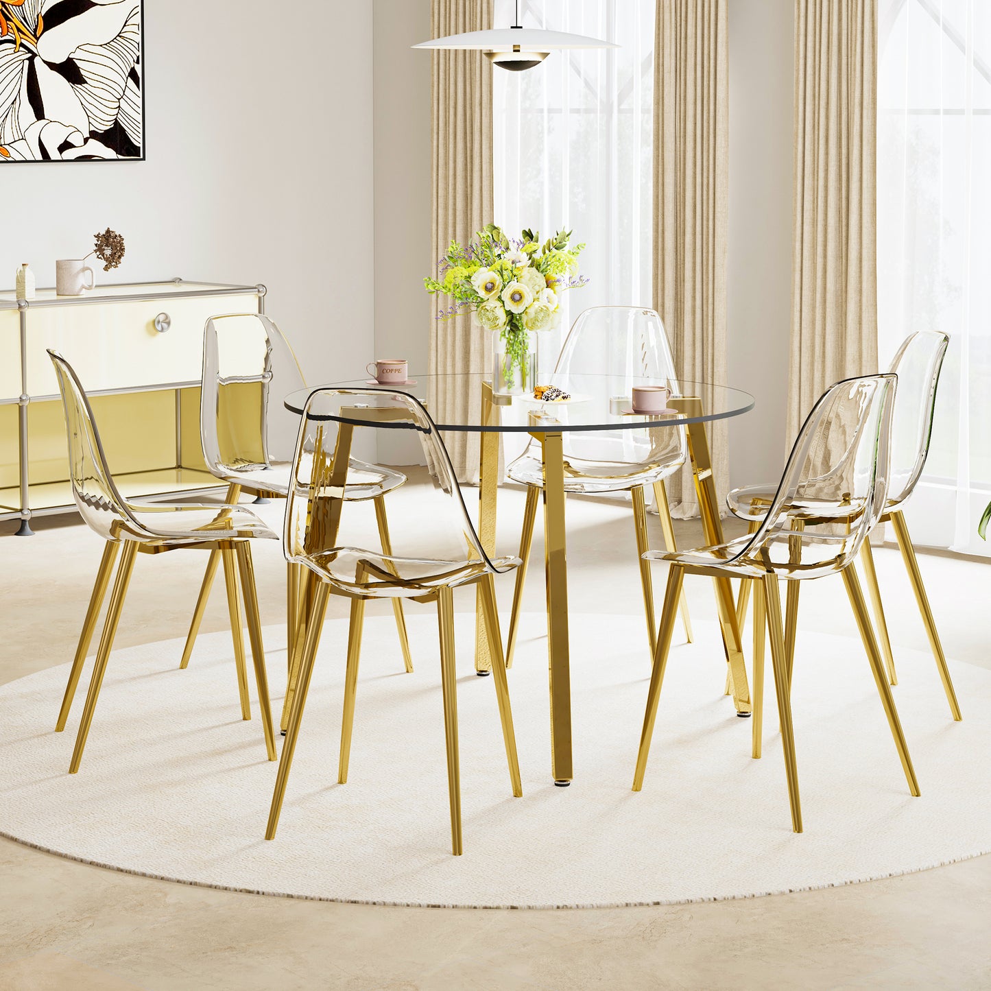 Table and chair set.Modern Luxurious Round Tempered Glass Dining Table Set-40*40 inch with 6 Transparent Plastic Dining Chair with Gold Metal Legs.Bring a comfortable home experience to the kitchen.