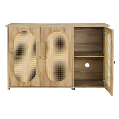 TREXM Retro 3-Door Sideboard with Large Storage Space Artificial Rattan Doors and Metal Handles, Accent Cabinet for Living Room and Hallway (Natural Wood)