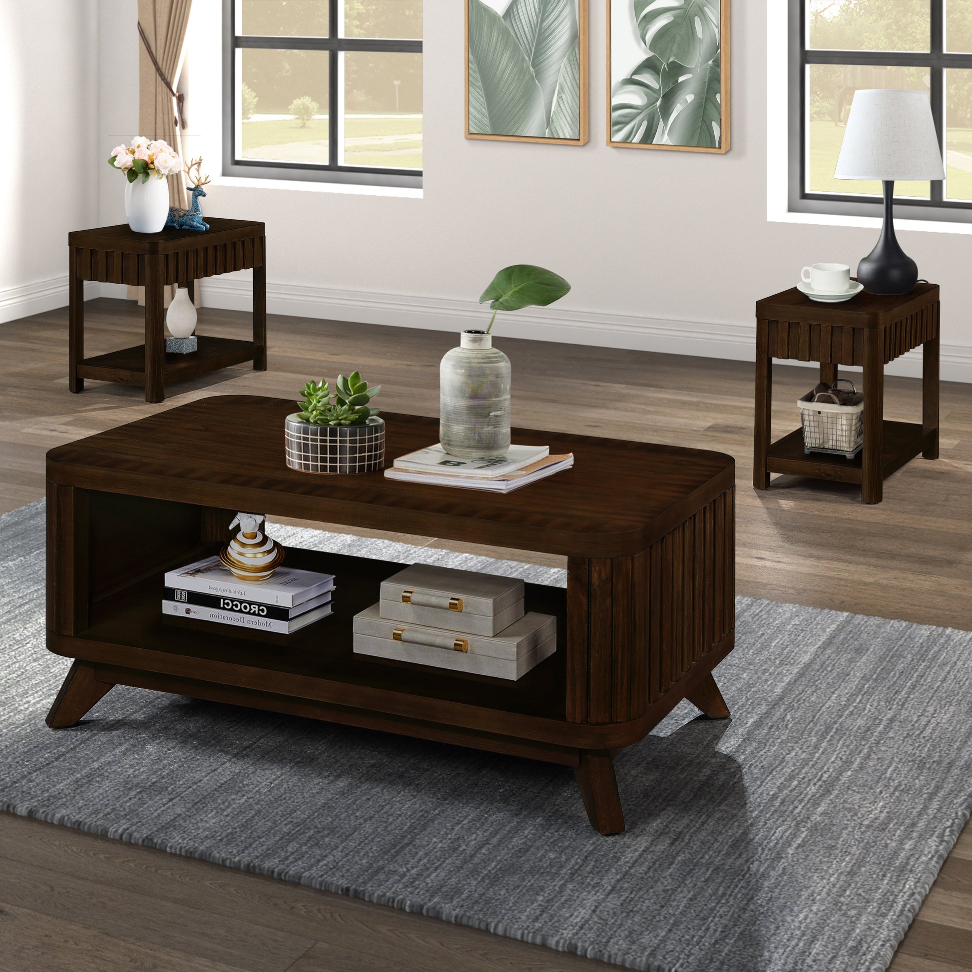 Rectangular Living Room Coffee Table Set, 3-Piece Living Room Table Set with Solid Wood Legs, 1 Coffee Table and 2 End Table, Wood Center Table Tea Table Set .Easy Assembly, Espresso