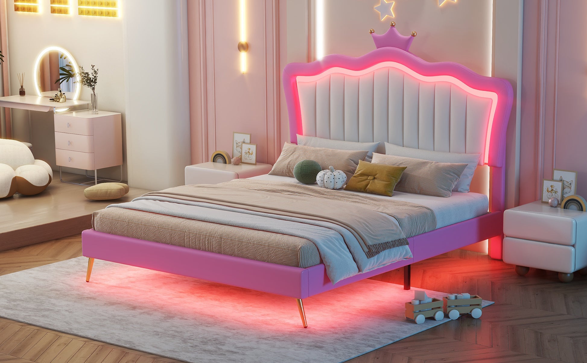 Full Size Upholstered Bed Frame with LED Lights, Modern Upholstered Princess Bed with Crown Headboard, Pink+White